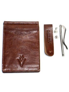 Men's Leather RFID Money Clip Slim Wallet with Leather Keychain Caramel Twist